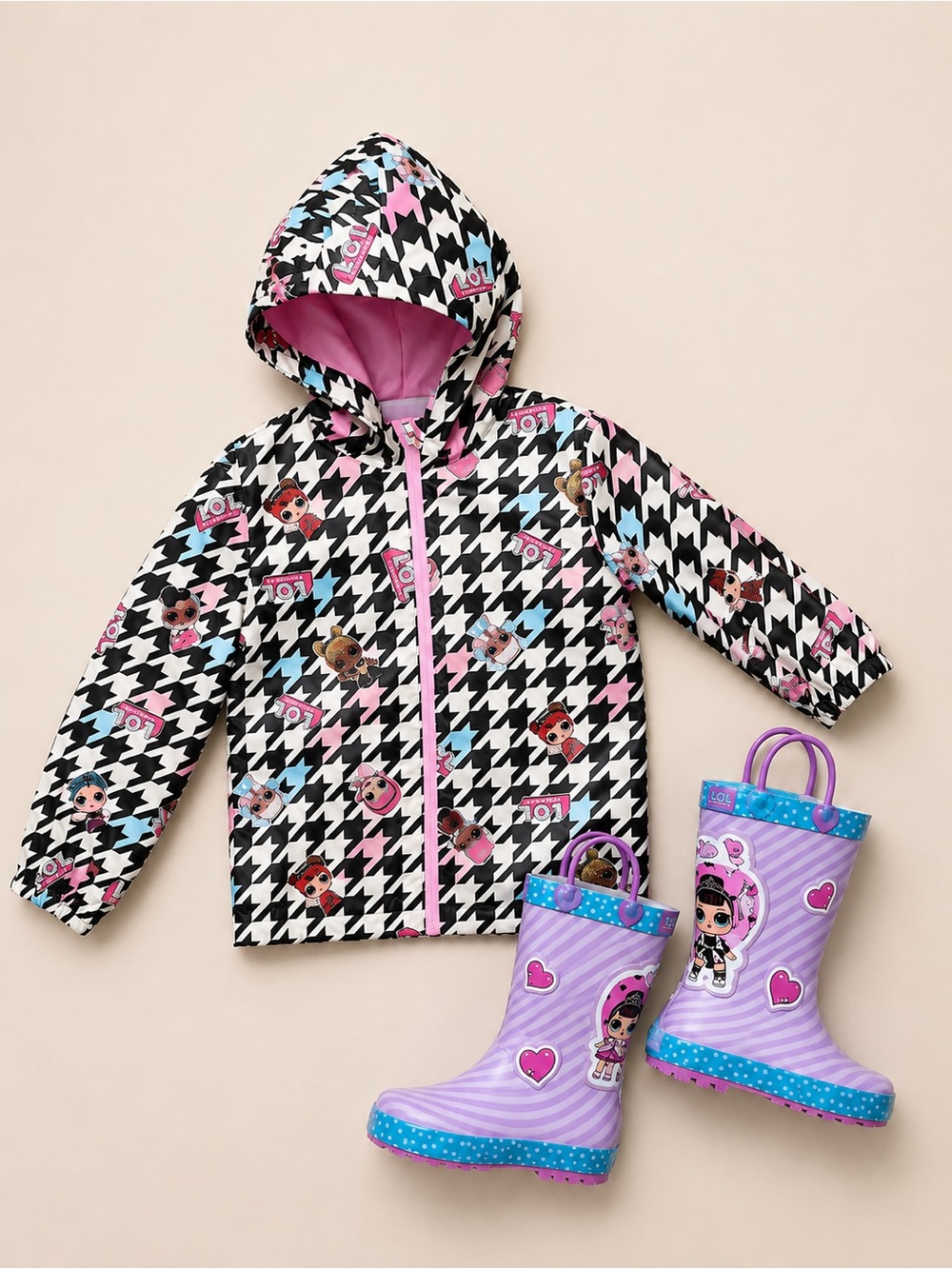 L.O.L. Surprise! Girls Houndstooth Hooded Rain Jacket size 7 & Boots size 13/1